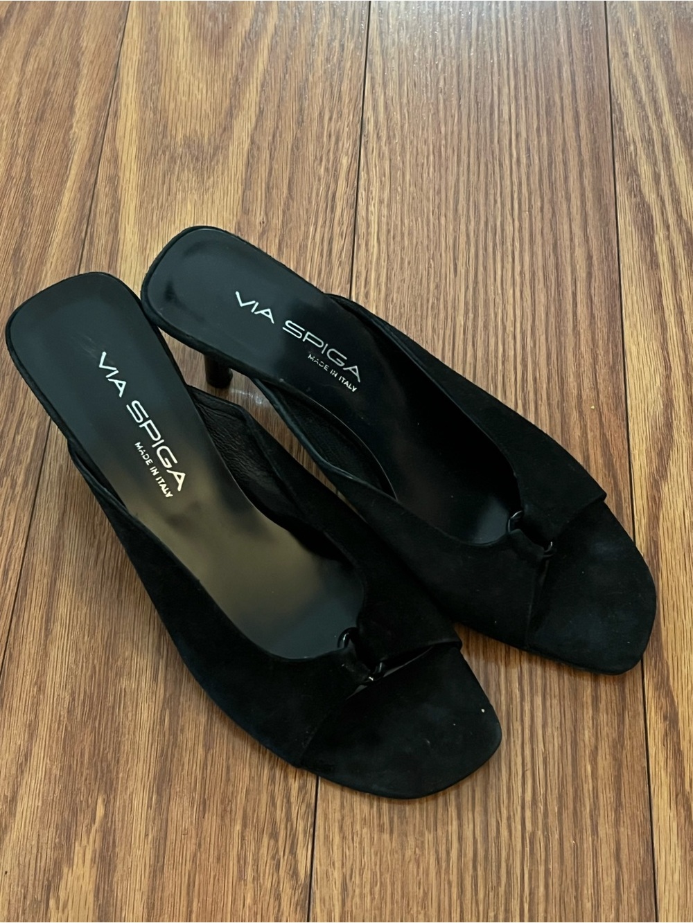 Vero Cuoio Black Suede Open-Toe Mule Heels